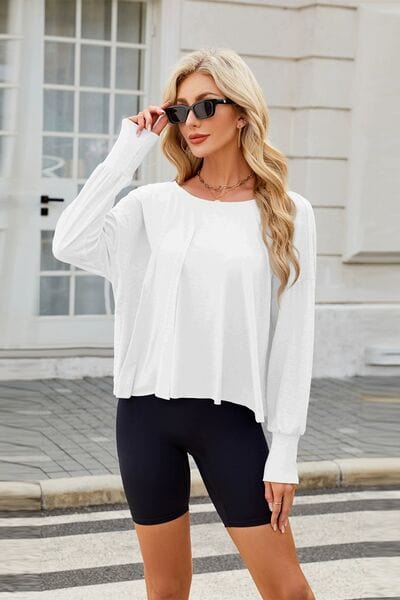 Cutout Back Round Neck Long Sleeve T-Shirt - Trendsi