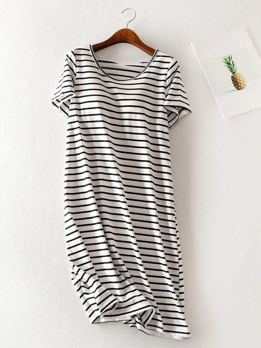 Striped Round Neck Short Sleeve Dress - Trendsi - Flyclothing LLC