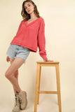 VERY J Exposed Seam V-Neck Ribbed Knit Top - Trendsi