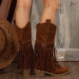 Fringe Point Toe Block Heels Boots - Trendsi - Flyclothing LLC