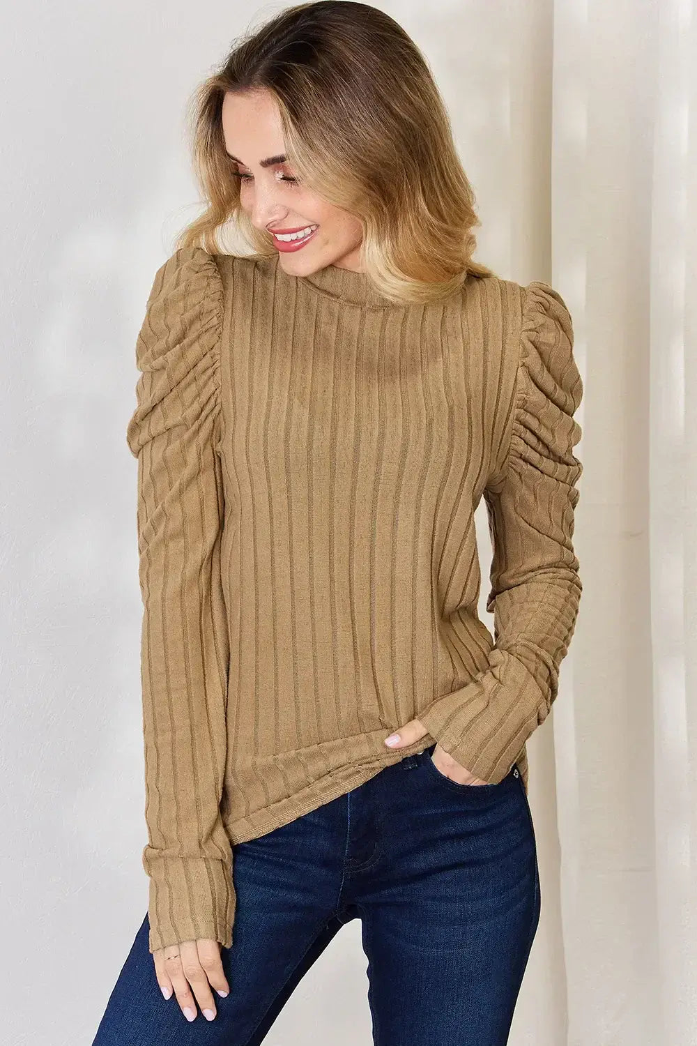Basic Bae Full Size Ribbed Mock Neck Puff Sleeve T-Shirt - ShopBasicbae - Flyclothing LLC