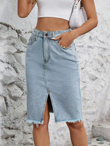 Raw Hem Slit Denim Skirt - Trendsi - Flyclothing LLC