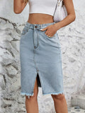 Raw Hem Slit Denim Skirt - Trendsi - Flyclothing LLC