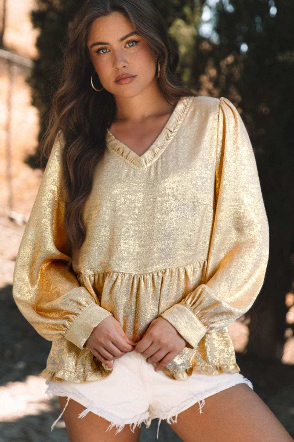 Frill Peplum V-Neck Long Sleeve Blouse - Trendsi - Flyclothing LLC