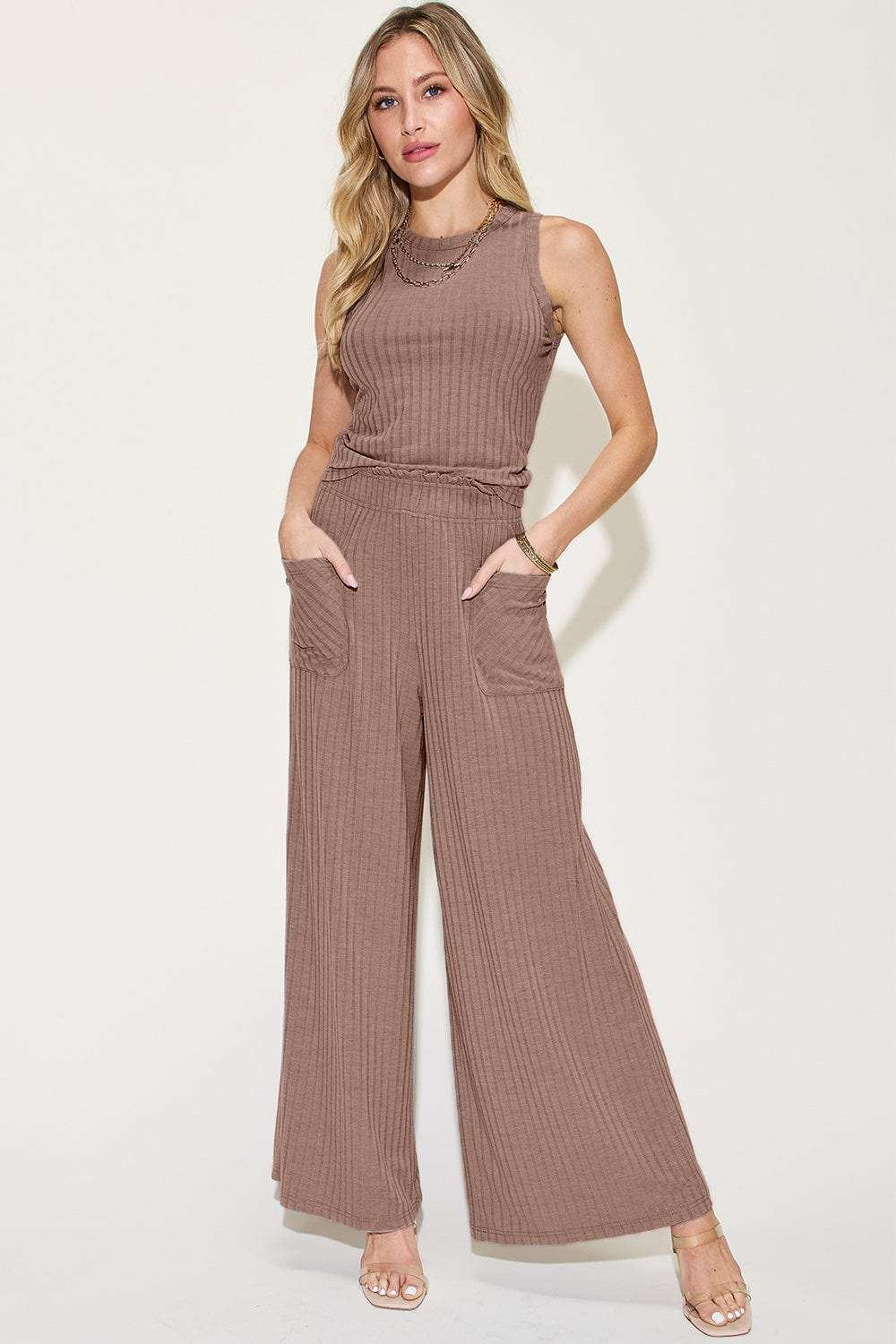 Basic Bae Full Size Ribbed Tank and Wide Leg Pants Set - Trendsi - Flyclothing LLC