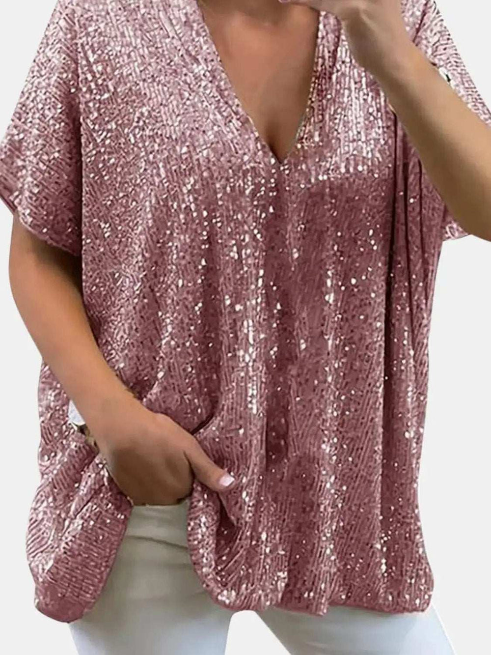 Full Size Sequin V-Neck Short Sleeve Top - Trendsi - Flyclothing LLC