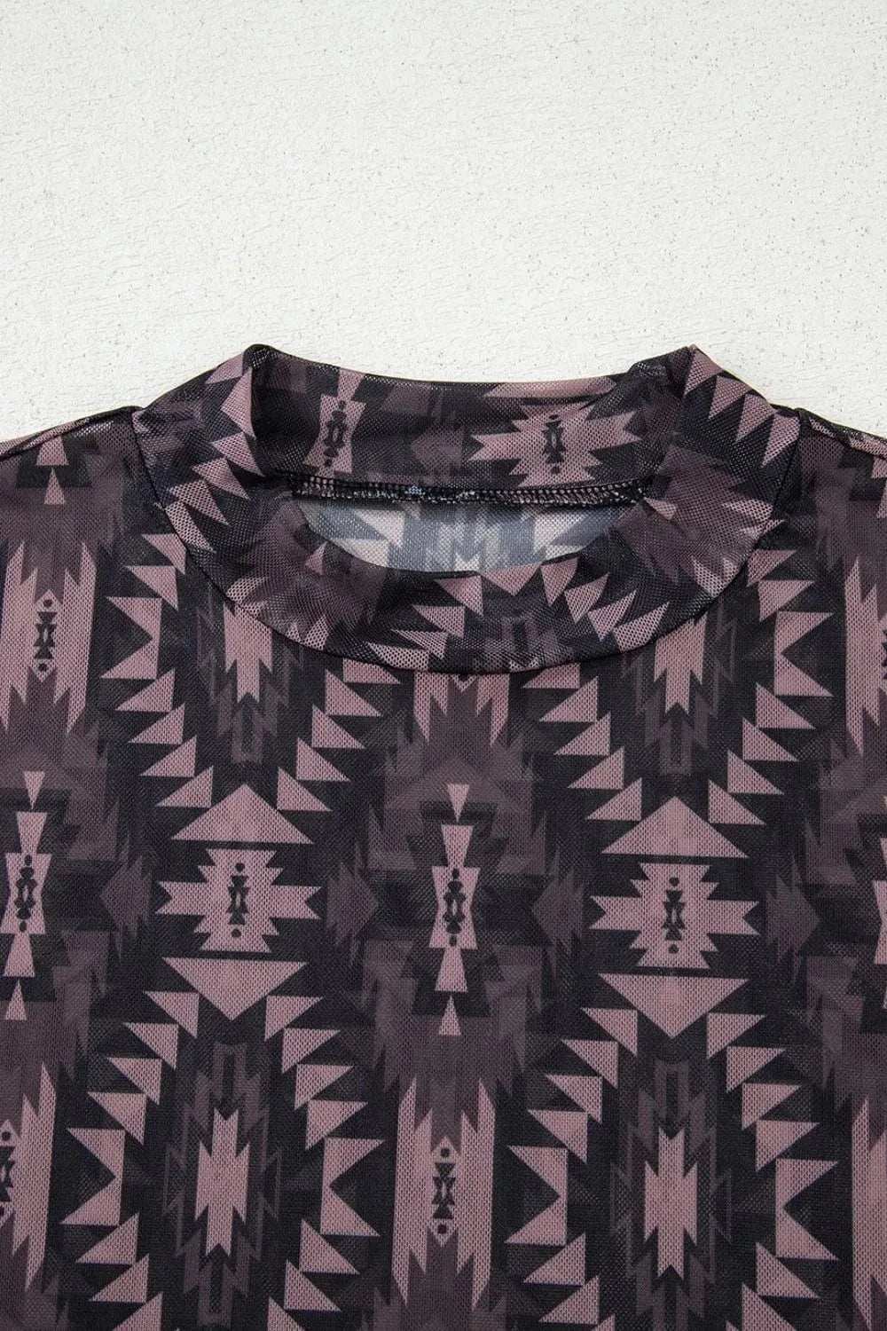 Aztec Print Mock Neck Short Sleeve Mesh T Shirt - Trendsi - Flyclothing LLC