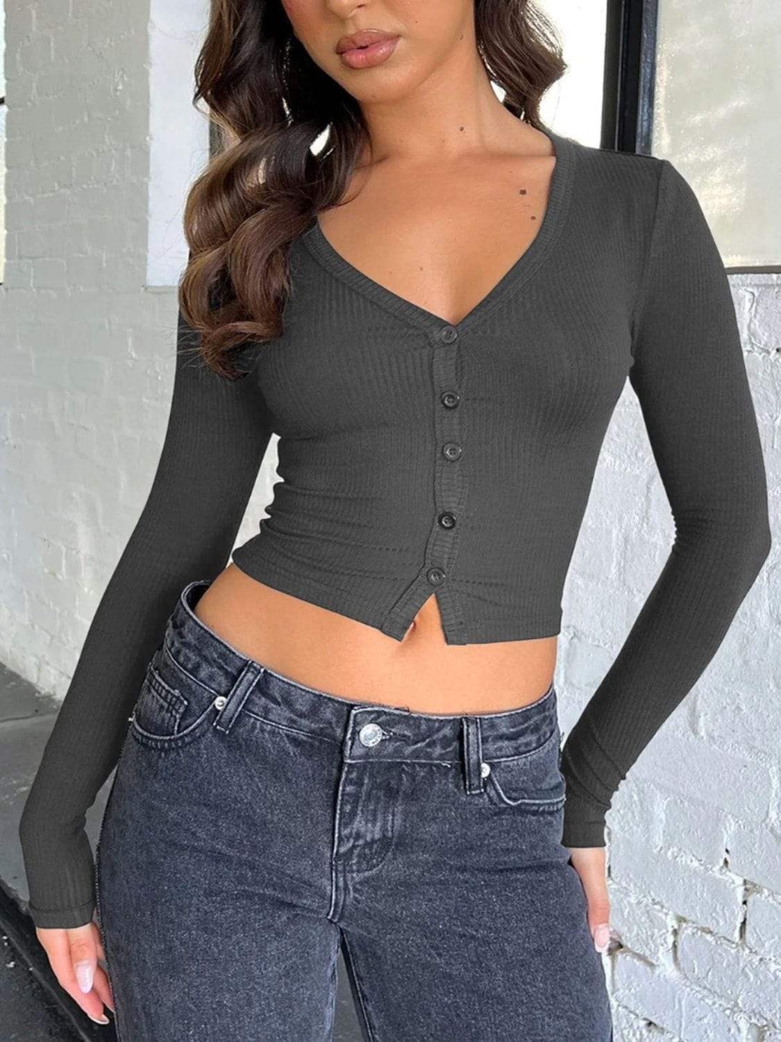 Buttoned V-Neck Long Sleeve T-Shirt - Trendsi - Flyclothing LLC
