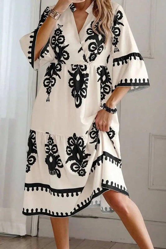 Printed Half Sleeve Knee Length Dress - Trendsi - Flyclothing LLC