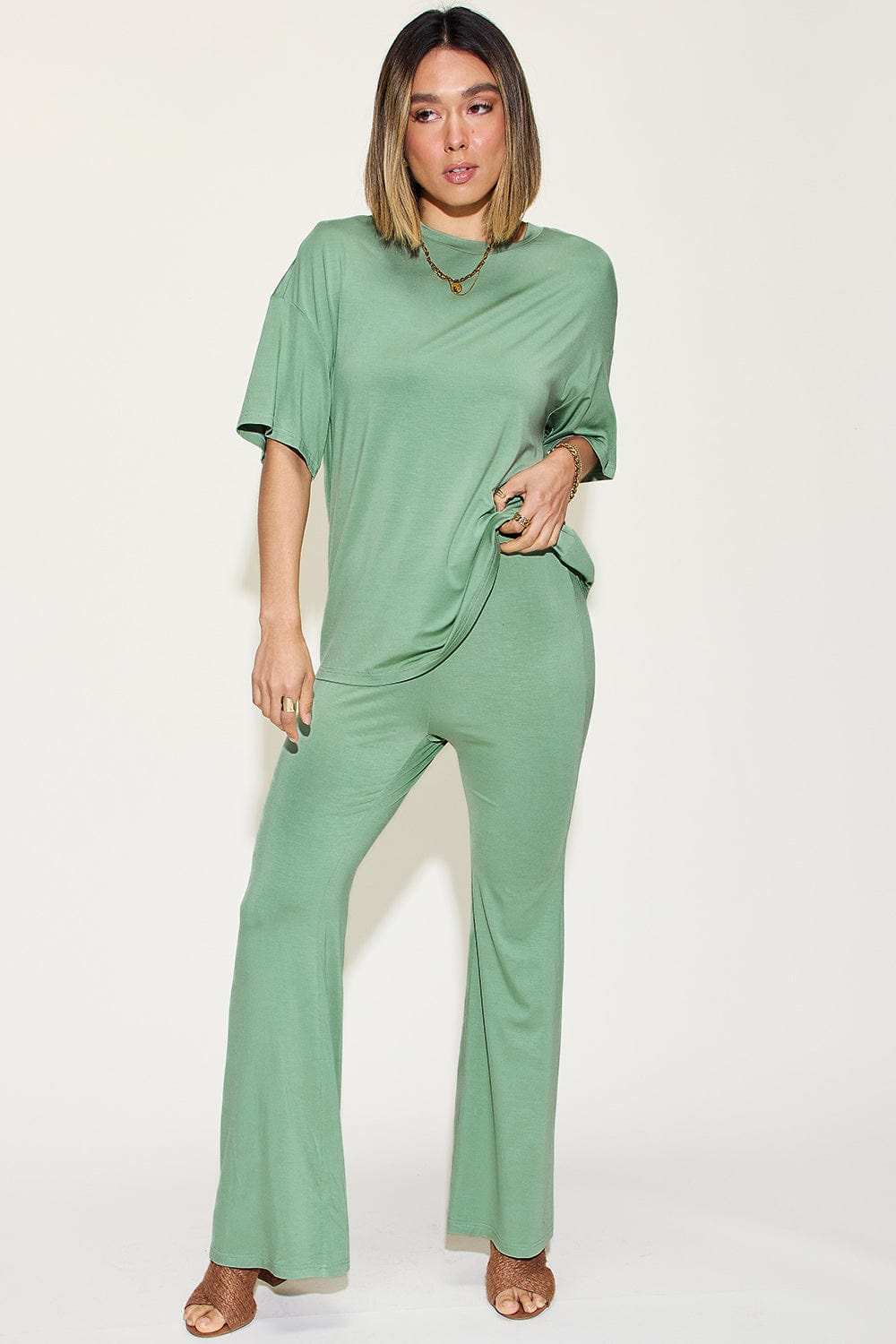 Basic Bae Full Size Bamboo Drop Shoulder T-Shirt and Flare Pants Set - Trendsi - Flyclothing LLC