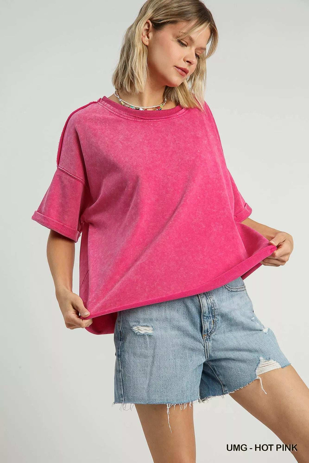 Umgee Mineral Wash Round Neck Top - Trendsi - Flyclothing LLC
