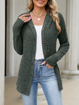 Ribbed Knit Hooded Button-Down Cardigan - Trendsi - Flyclothing LLC