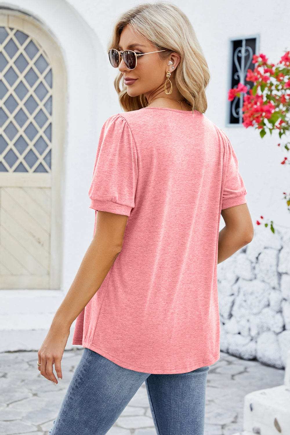 Ruched Scoop Neck Short Sleeve Blouse - Trendsi - Flyclothing LLC