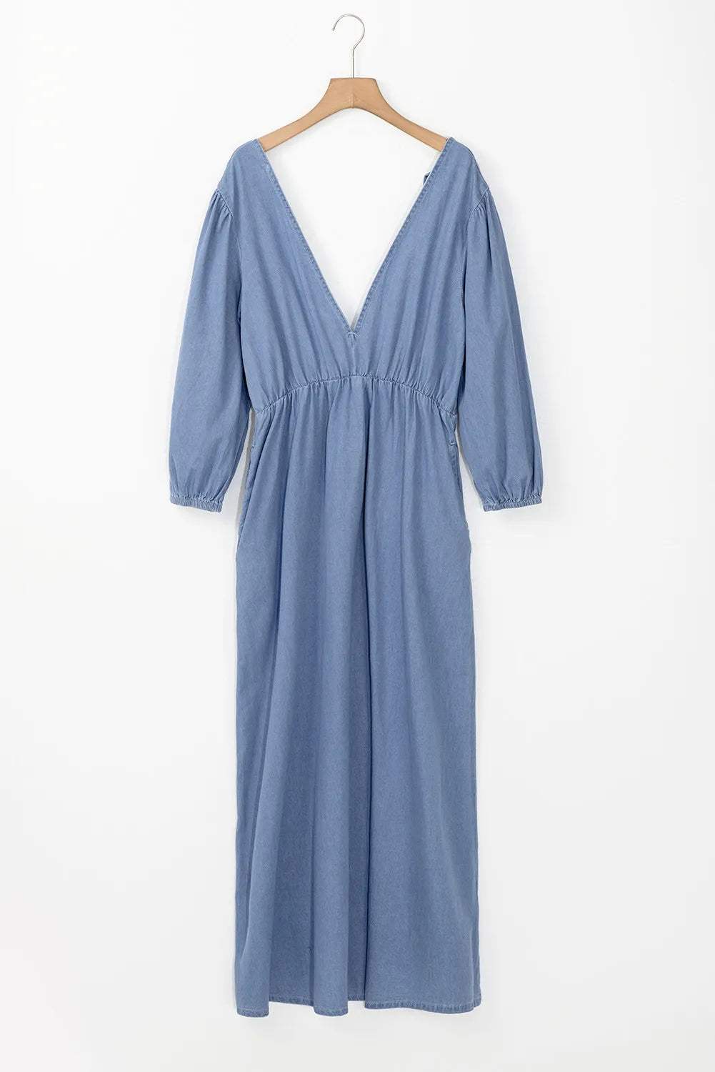 Tied Plunge Three-Quarter Sleeve Denim Dress - Trendsi - Flyclothing LLC