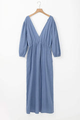 Tied Plunge Three-Quarter Sleeve Denim Dress - Trendsi - Flyclothing LLC