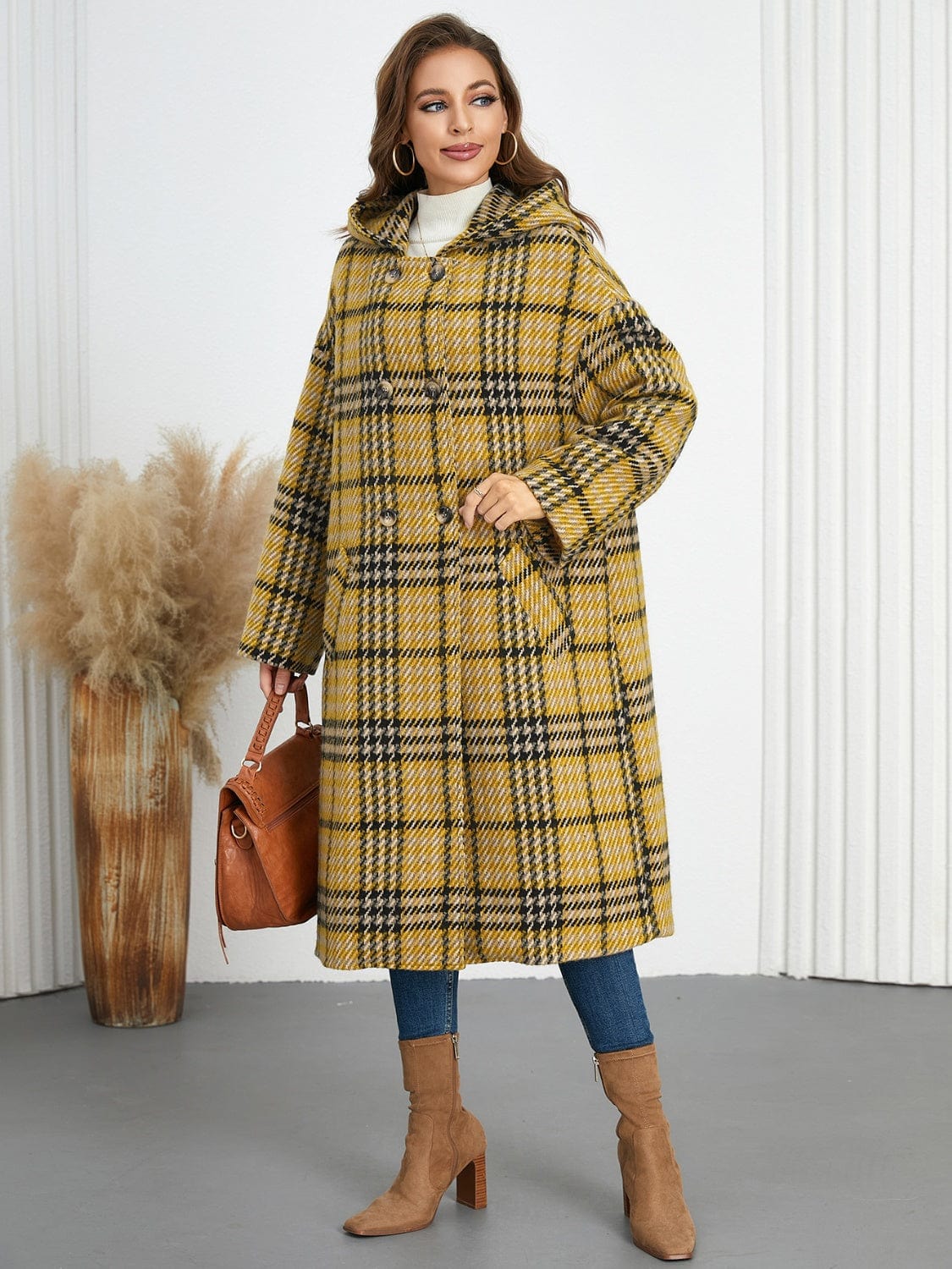 Plaid Double-Breasted Long Sleeve Longline Coat - Trendsi