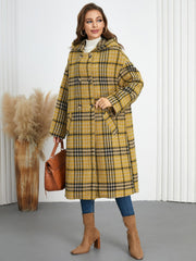 Plaid Double-Breasted Long Sleeve Longline Coat - Trendsi
