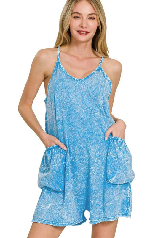 Zenana Acid Crinkle Washed Spaghetti Strap Romper - Trendsi - Flyclothing LLC
