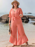 Plus Size Button Up Half Sleeve Top and Pants Set - Trendsi - Flyclothing LLC