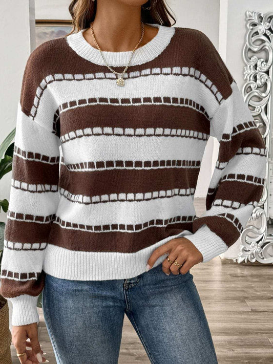 Striped Round Neck Long Sleeve Sweater - Trendsi - Flyclothing LLC