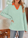 Striped Johnny Collar Long Sleeve T-Shirt - Trendsi - Flyclothing LLC