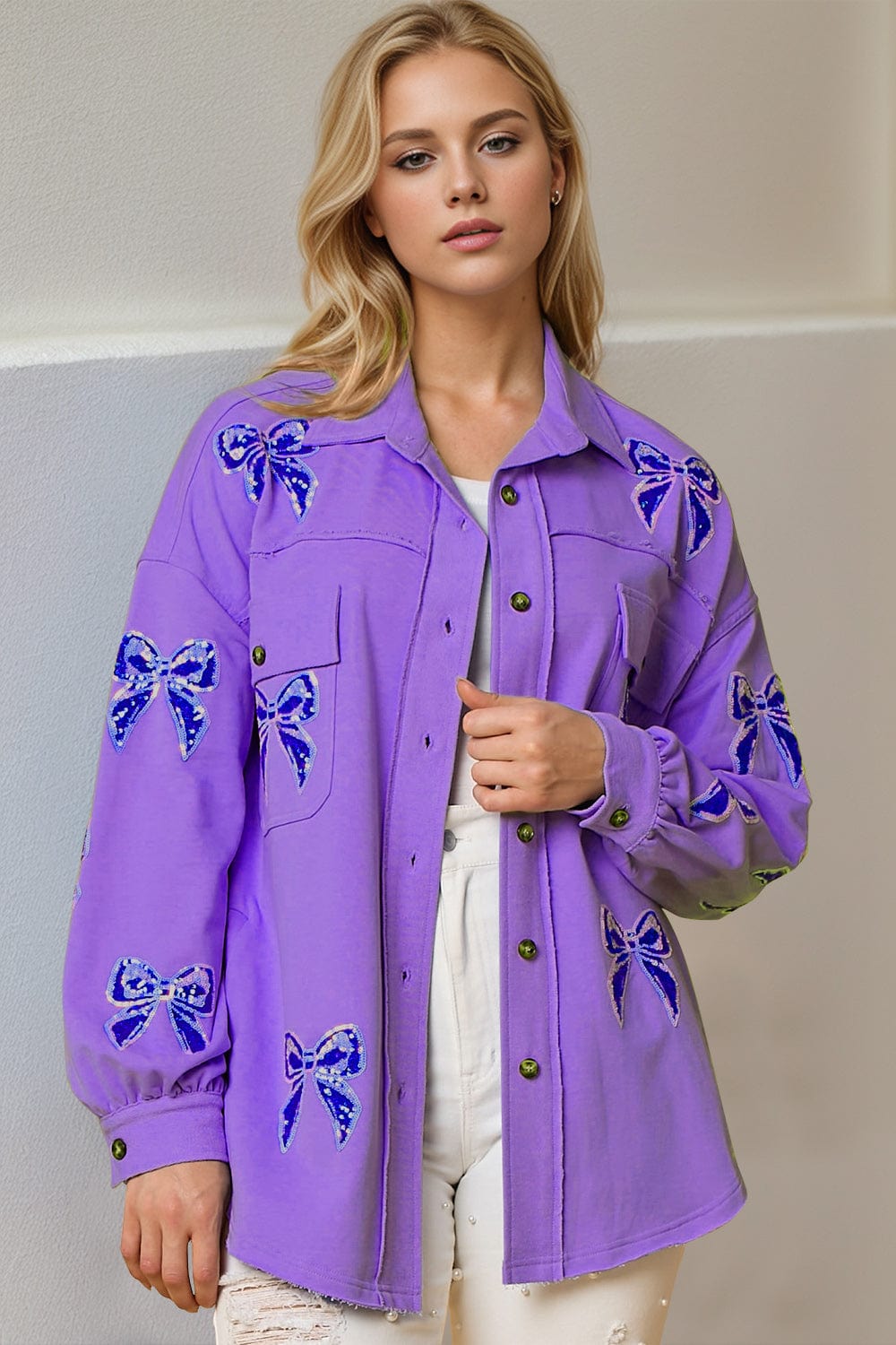 Double Take Full Size Sequin Bow Button Up Shacket - Trendsi