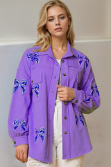 Double Take Full Size Sequin Bow Button Up Shacket - Trendsi