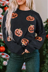 Sequin Patch Pumpkin Round Neck Sweatshirt - Trendsi - Flyclothing LLC