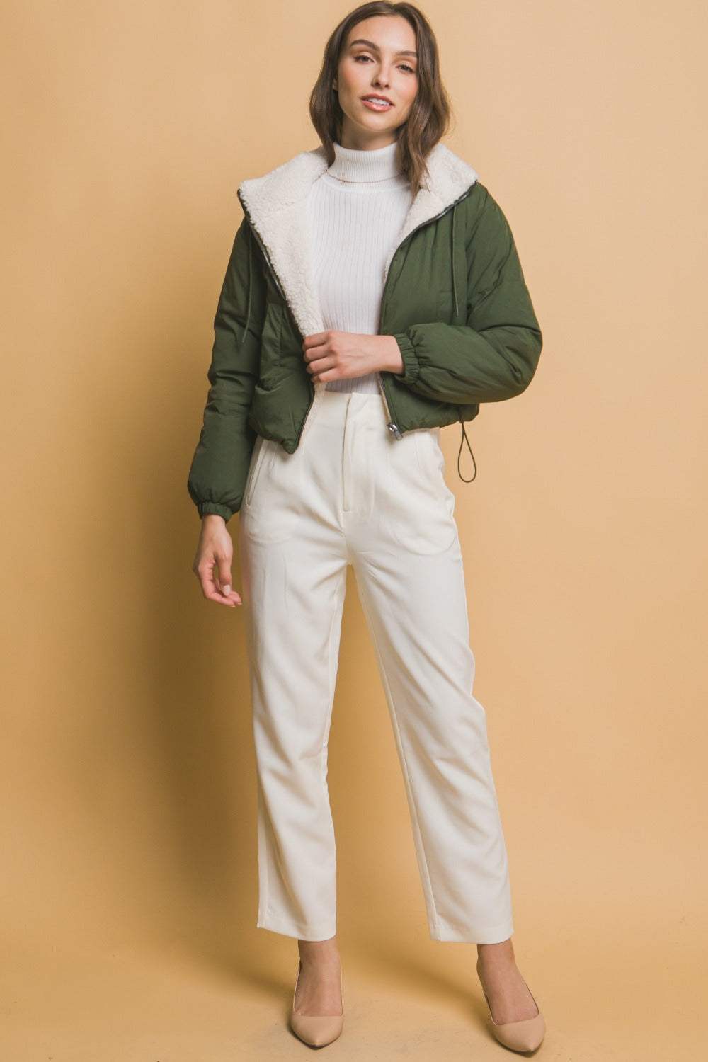 Love Tree Zip Up Cropped Hooded Sherpa Reversible Jacket - Trendsi - Flyclothing LLC