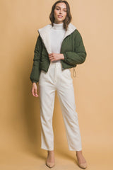 Love Tree Zip Up Cropped Hooded Sherpa Reversible Jacket - Trendsi