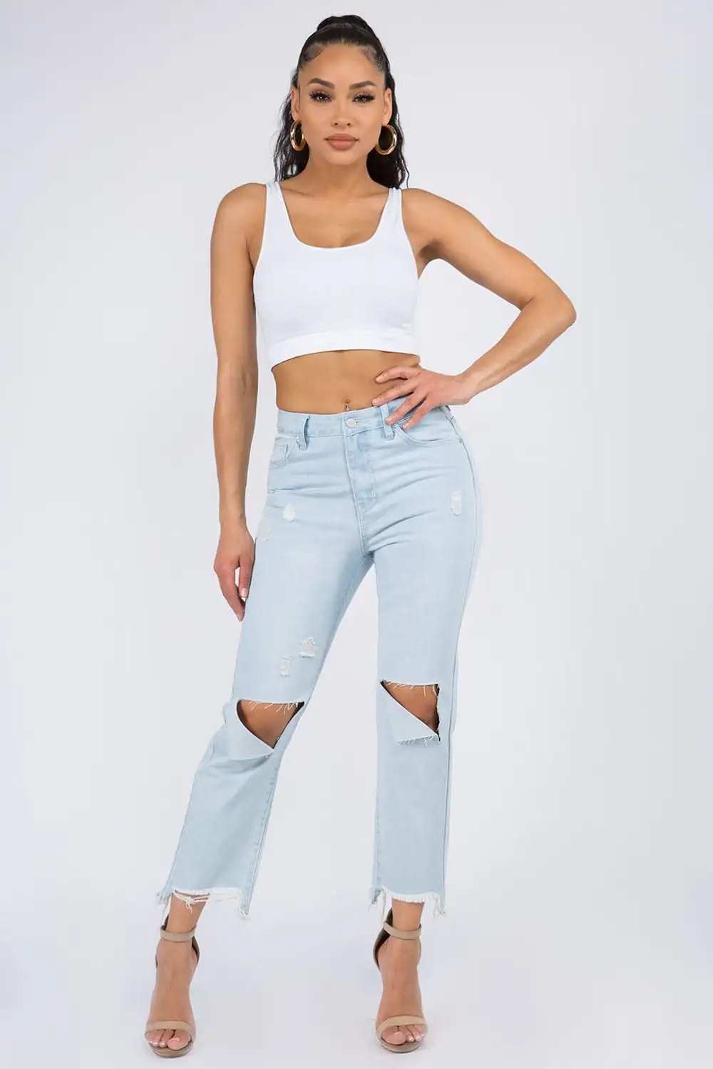 American Bazi High Waist Distressed Raw Hem Jeans - Trendsi - Flyclothing LLC