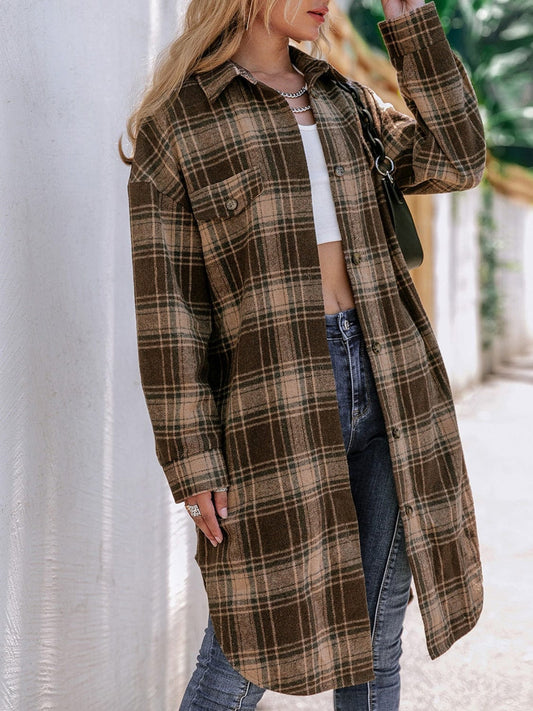 Plaid Button Up Long Sleeve Shacket - Trendsi
