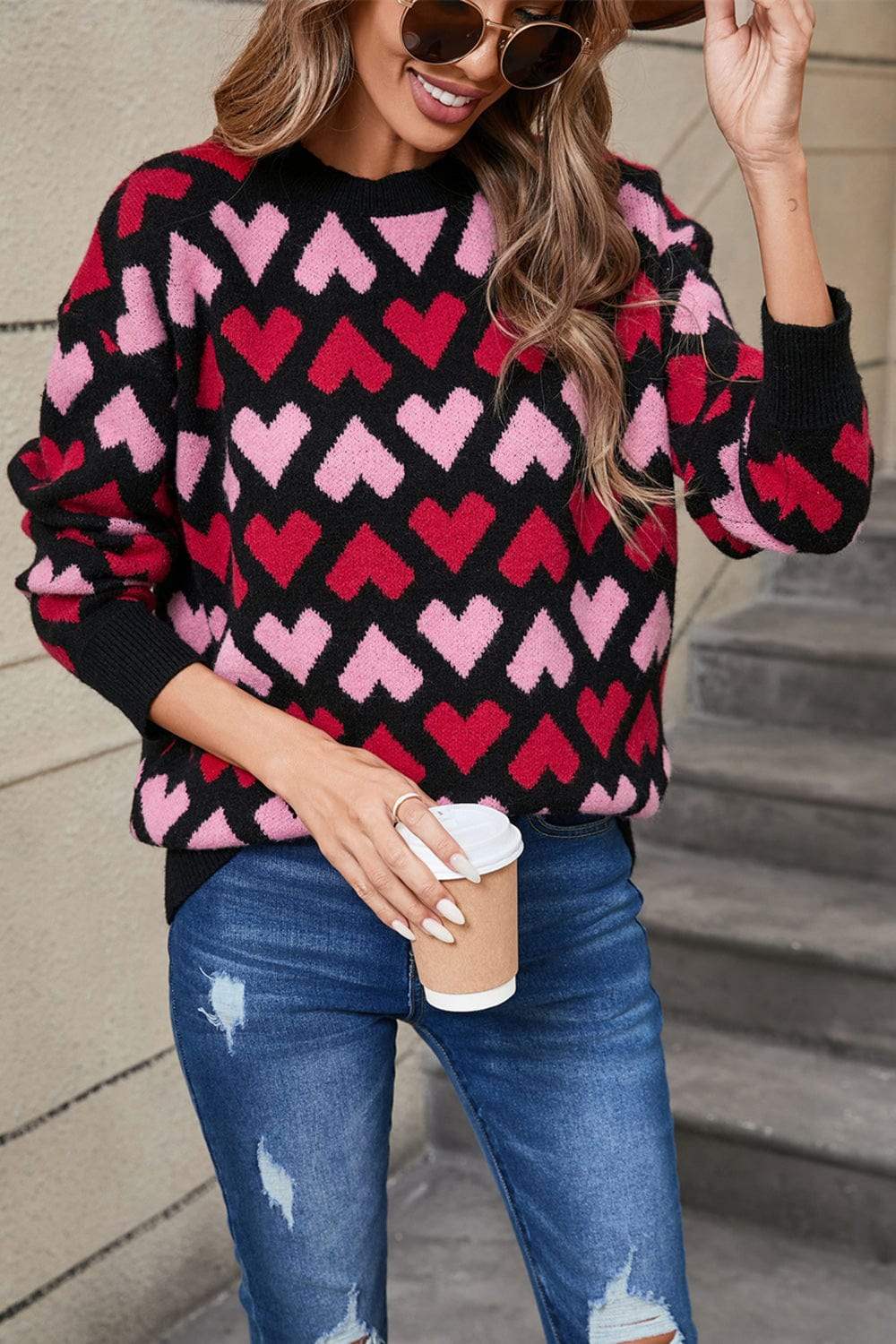 Angel Wings Contrast Heart Round Neck Sweater - Trendsi - Flyclothing LLC