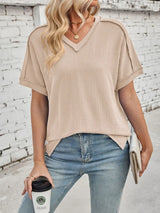 Cord Ribbed V-Neck Short Sleeve T-Shirt - Trendsi - Flyclothing LLC