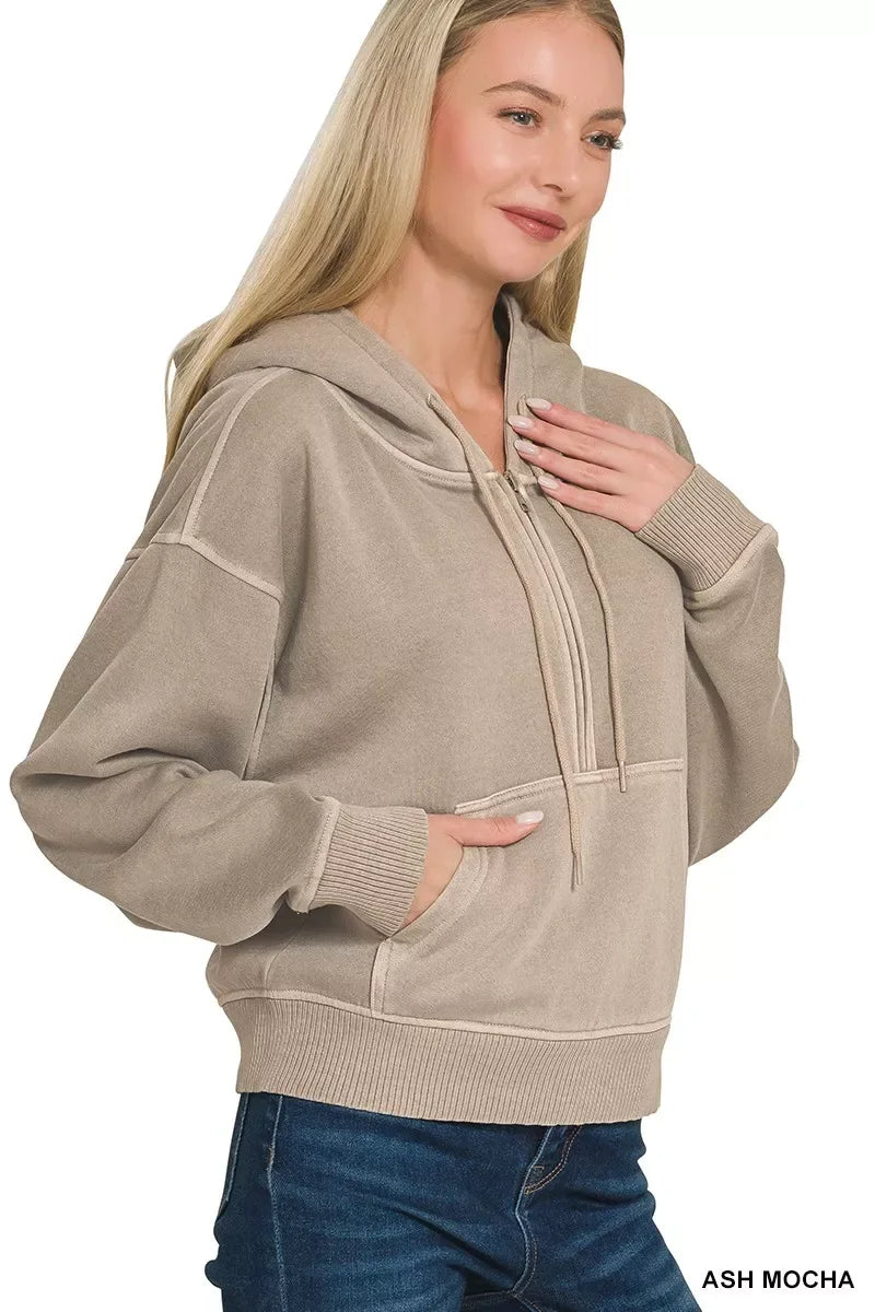Zenana Fleece Pigment Dye Half Zip Kangaroo Pocket Hoodie - Trendsi - Flyclothing LLC