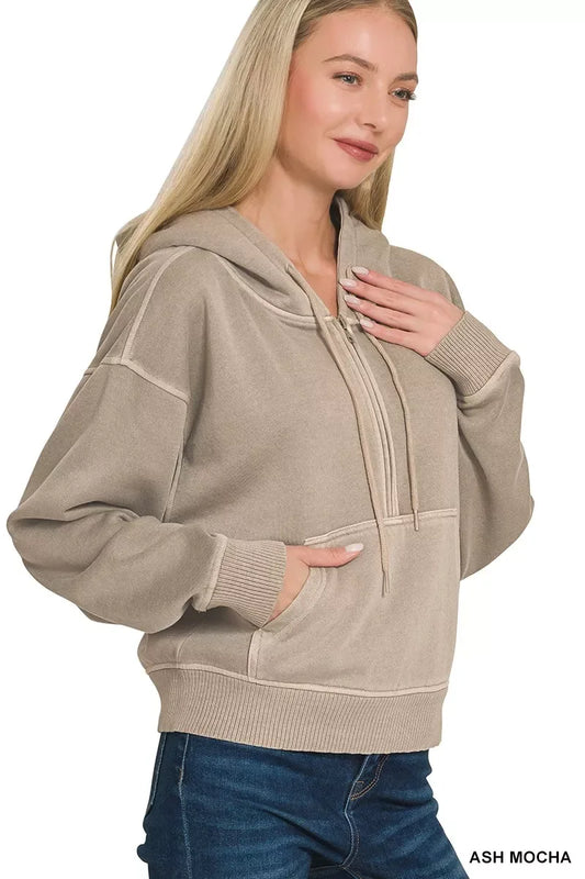 Zenana Fleece Pigment Dye Half Zip Kangaroo Pocket Hoodie - Trendsi - Flyclothing LLC