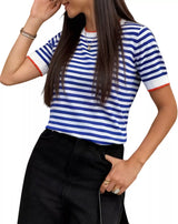Contrast Trim Striped Short Sleeve Knit Top - Trendsi - Flyclothing LLC