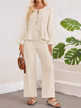 Tie Neck Balloon Sleeve Top and Pants Set - Trendsi - Flyclothing LLC