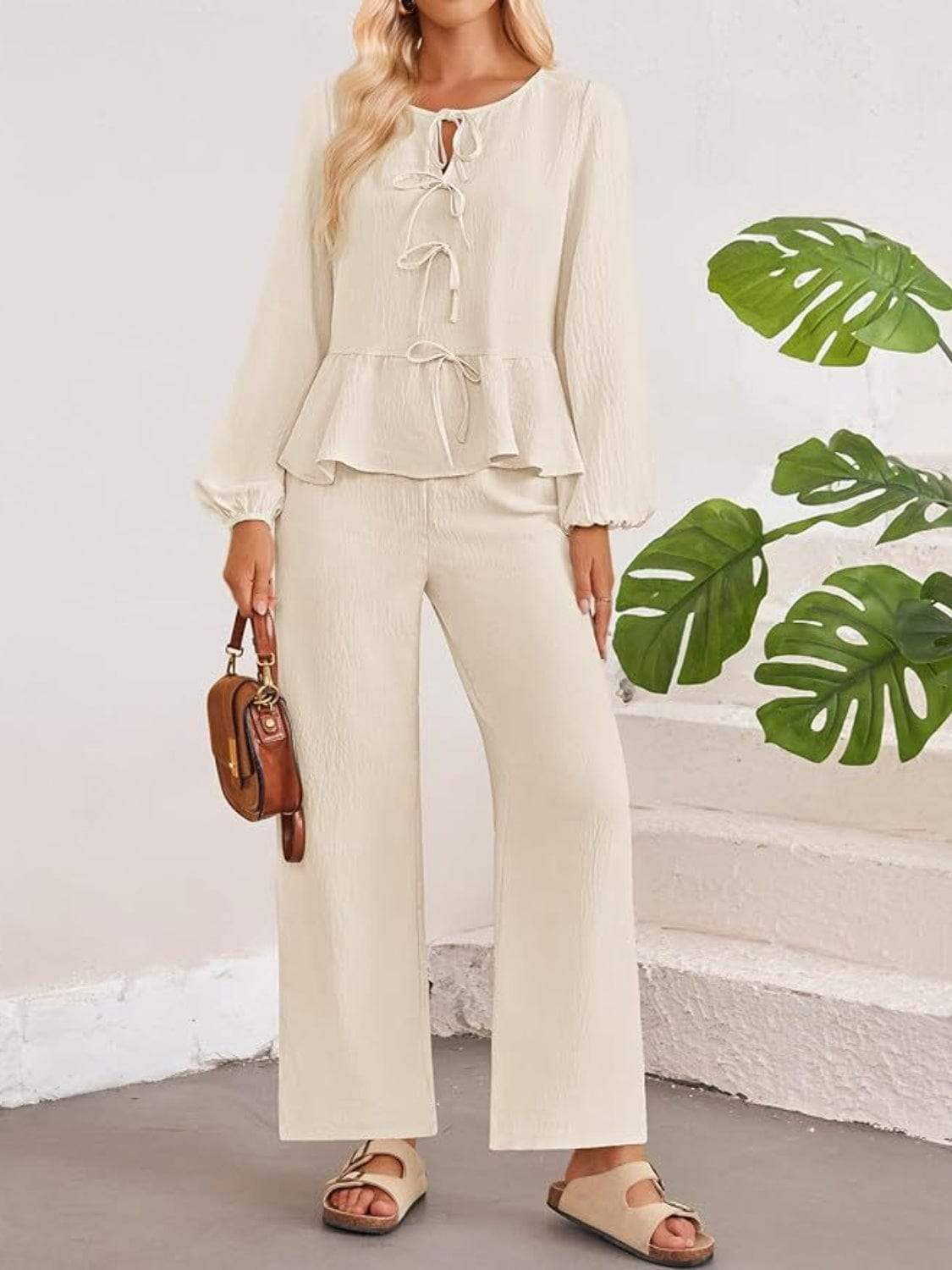 Tie Neck Balloon Sleeve Top and Pants Set - Trendsi - Flyclothing LLC