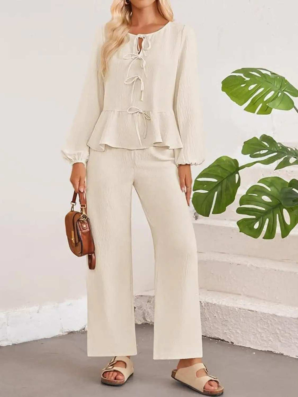 Tie Neck Balloon Sleeve Top and Pants Set - Trendsi - Flyclothing LLC