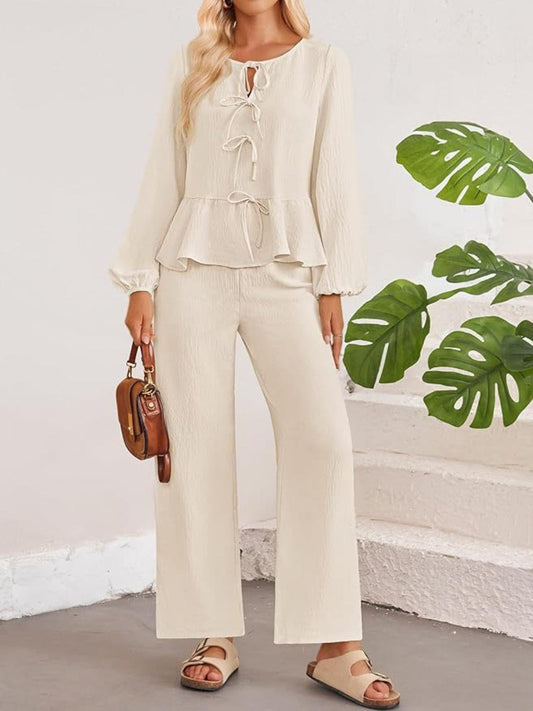 Tie Neck Balloon Sleeve Top and Pants Set - Trendsi