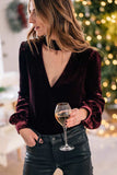 Cutout Long Sleeve Velvet Blouse - Trendsi - Flyclothing LLC