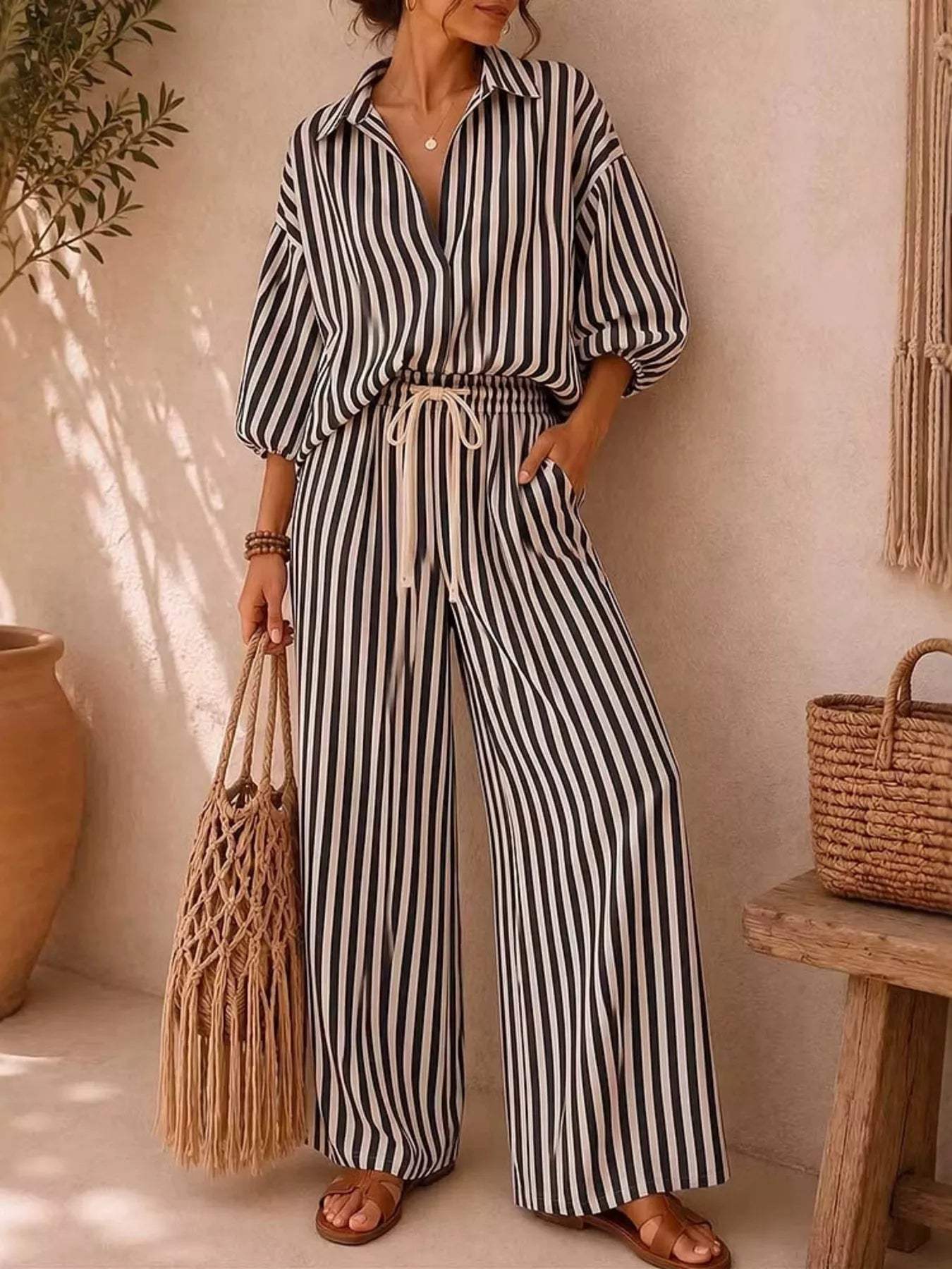 Full Size Striped Puff Sleeve Shirt and Wide-Leg Drawstring Pants Set Plus Size - Trendsi - Flyclothing LLC