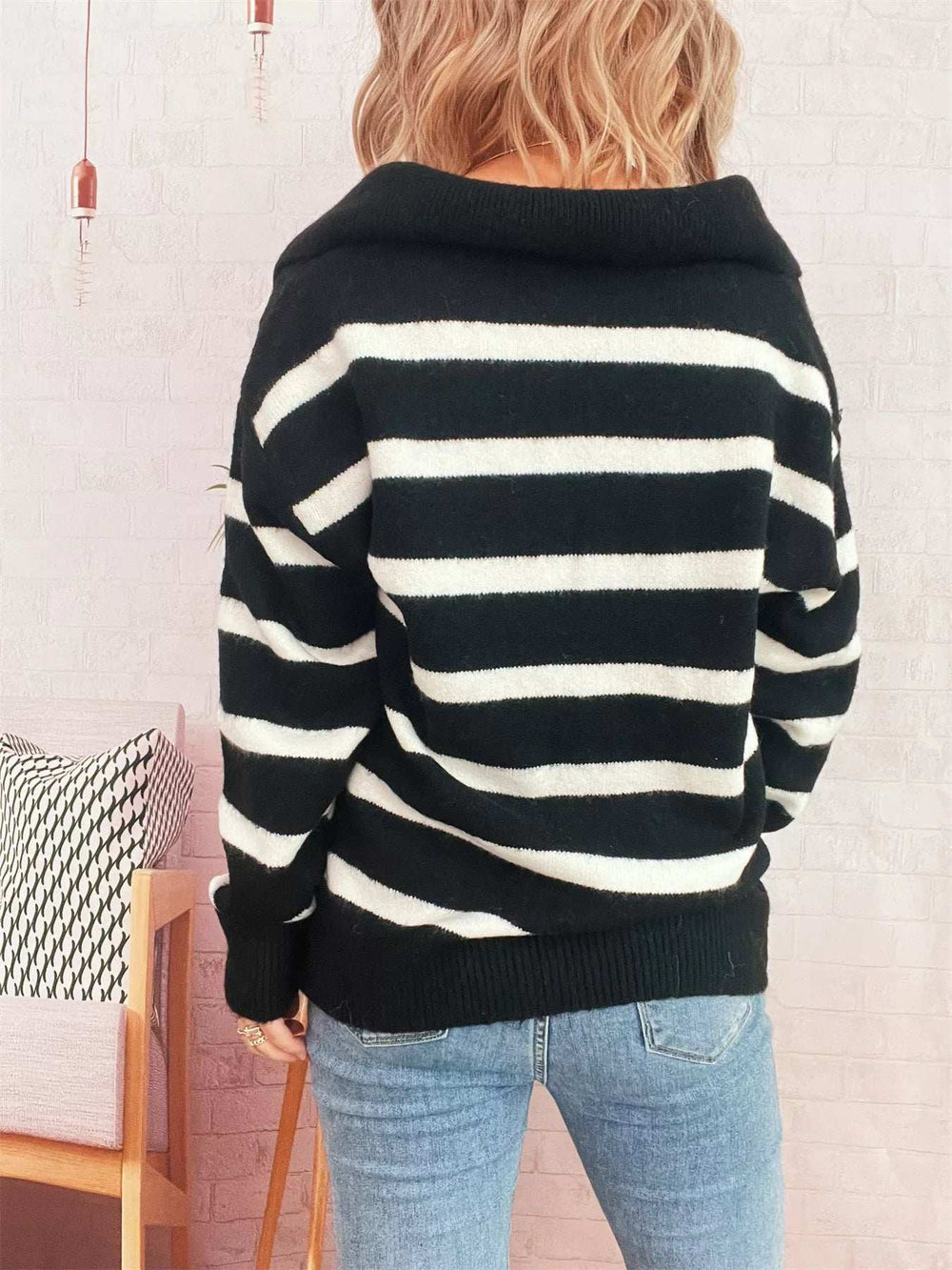 Striped Dropped Shoulder Sweater - Trendsi - Flyclothing LLC