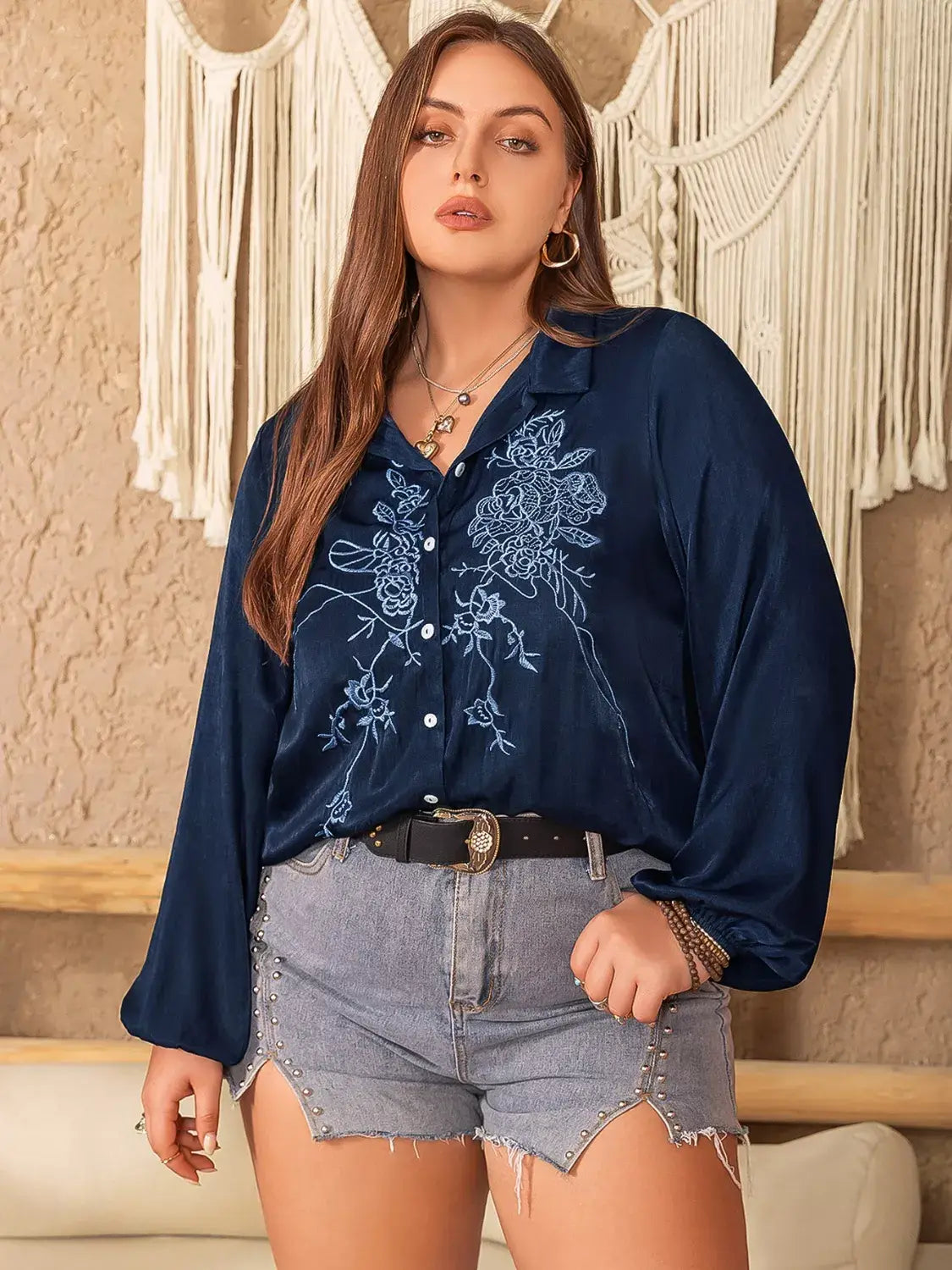 Plus Size Embroidered Long Sleeve Shirt - Trendsi - Flyclothing LLC