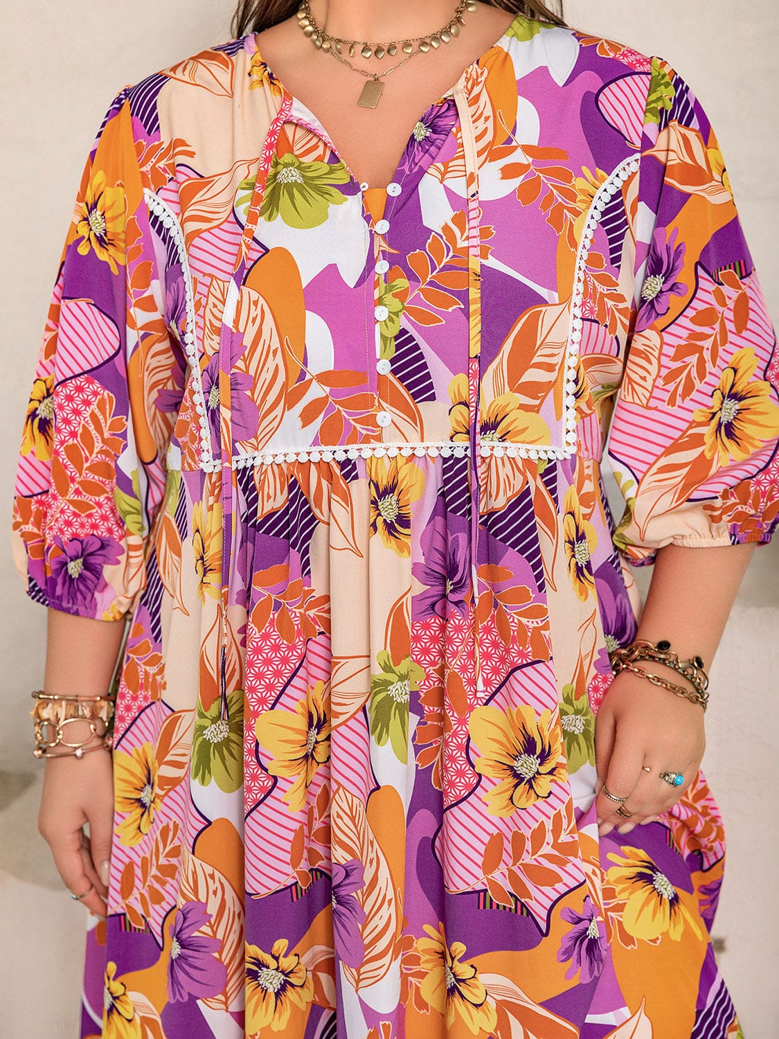 Plus Size Printed Tie Neck Maxi Dress - Trendsi