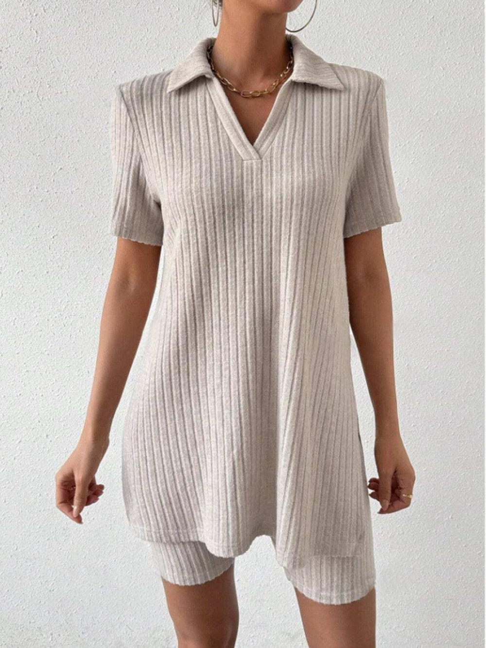 Johnny Collar Short Sleeve Top and Shorts Set - Trendsi - Flyclothing LLC