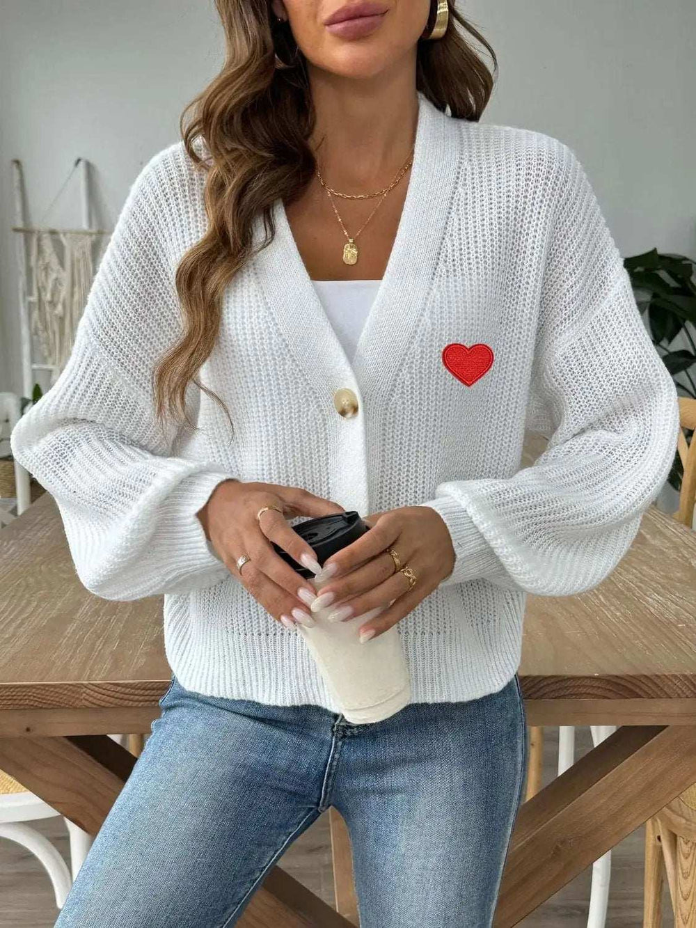 Heart Button Down V-Neck Long Sleeve Cardigan - Trendsi - Flyclothing LLC
