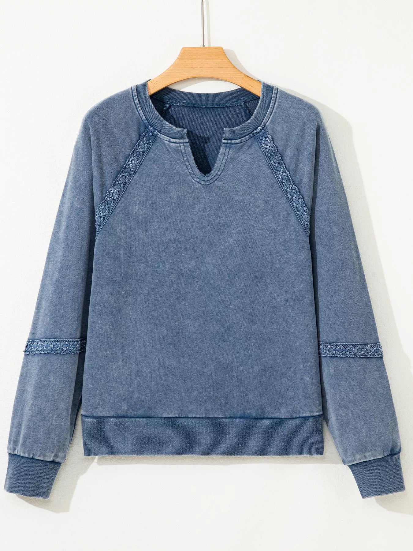 Lace Patchwork Detail Notched Neck Mineral Wash Baggy Sweatshirt - Trendsi - Flyclothing LLC