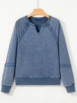 Lace Patchwork Detail Notched Neck Mineral Wash Baggy Sweatshirt - Trendsi - Flyclothing LLC